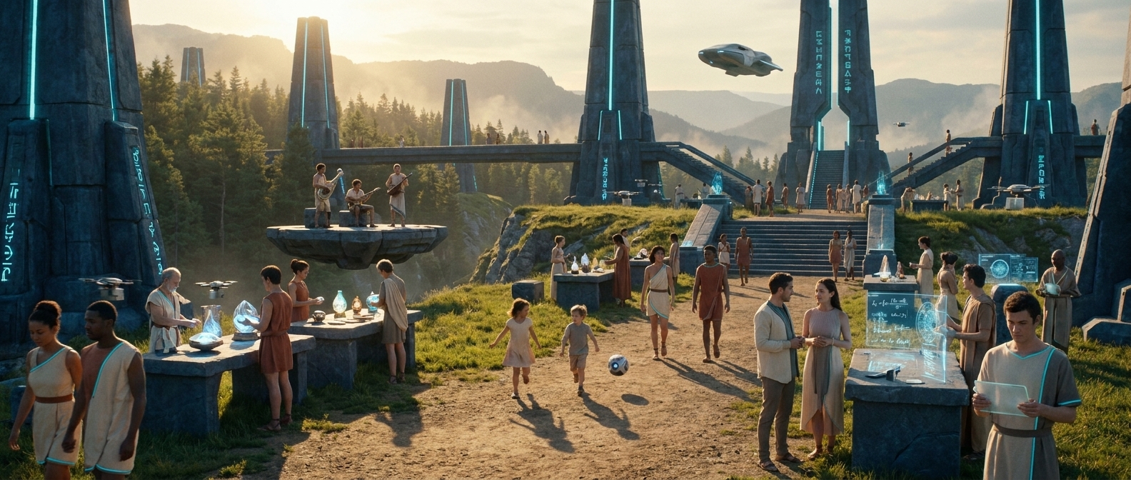 Forerunner agora at golden hour — twelve domains of life in one plaza: artisans at tables, musicians on a floating platform, children playing, drones delivering, hovercraft gliding overhead