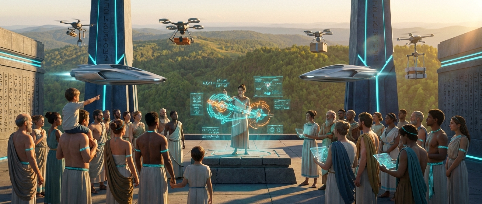 A woman inventor on a Forerunner pedestal revealing a glowing holographic mechanism — crowd gathered, boy on parent's shoulders pointing, drones delivering tools, hovercraft overhead, Cumberland Plateau beyond — the engine of creation caught in one scene