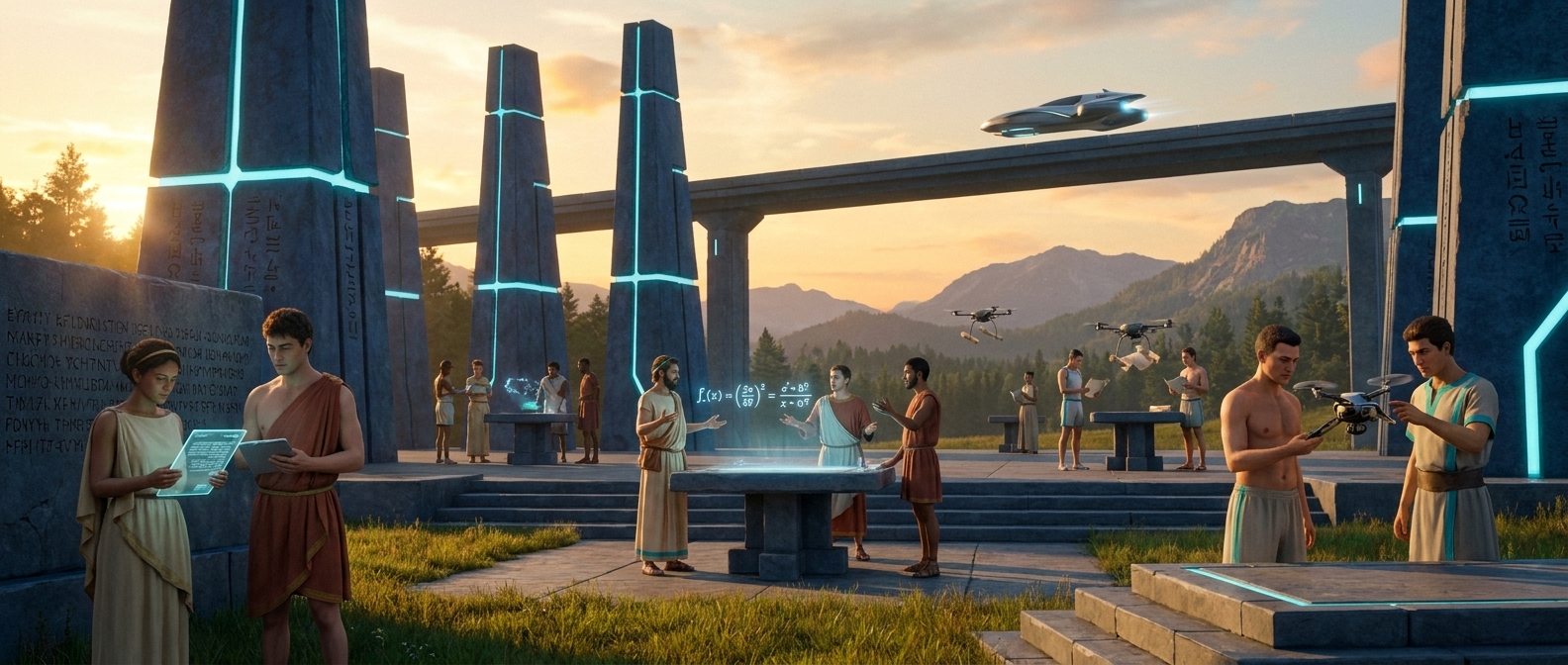 Wide Forerunner scholars' plaza at golden hour — scholars debating around floating holographic equations, drones delivering scrolls, hovercraft crossing a bridge, glyph-inscribed walls — the AI coordination layer as a working environment