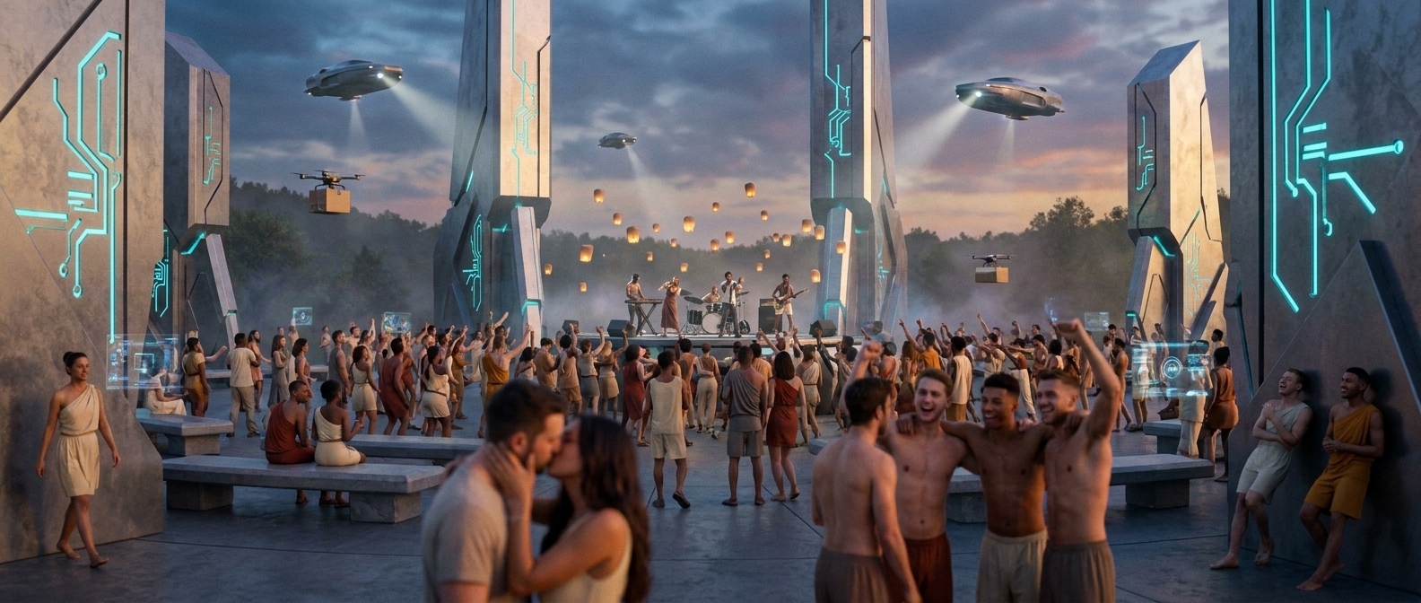 Outdoor concert in a Forerunner plaza at dusk — musicians on a stage mid-performance, crowd in varied festive dress dancing, couple kissing in foreground, floating lanterns rising, hovercraft with spotlights overhead