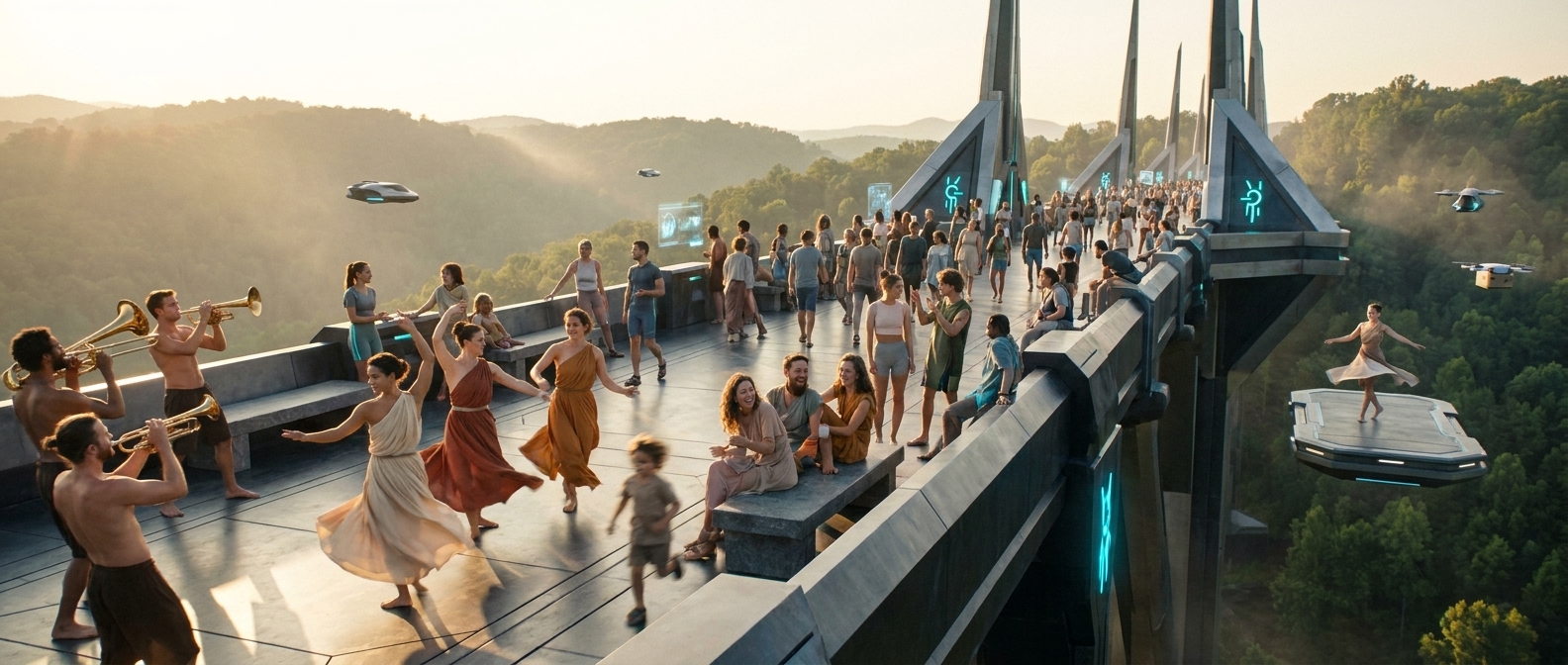 Festival on a Forerunner bridge at golden hour — bare-chested musicians with brass horns, dancers mid-spin in short drapes, child running past blurred, floating performance platform alongside the bridge, Cumberland ridges beyond