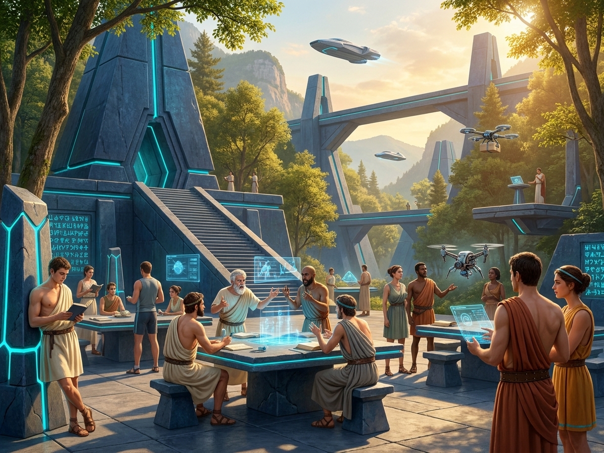 Open-air Forerunner scholars' grove at golden hour — varied scholars at stone tables with floating holographic projections, one demonstrating a flying mechanical device, autonomous scrolls gliding on invisible rails — the full city alive with daily discovery