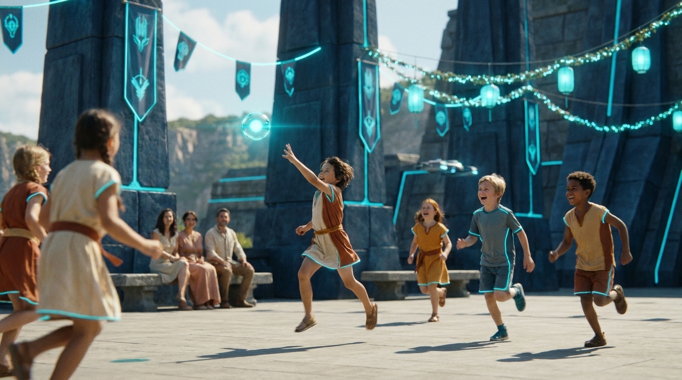 Children in short festive tunics chasing a glowing light-orb drone through a sunlit Forerunner courtyard, cyan banners and lanterns strung overhead, parents watching from a stone bench