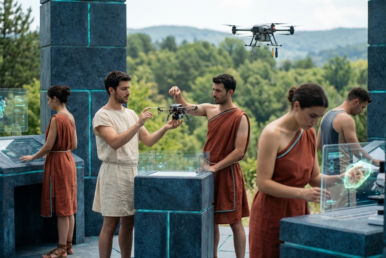 Scholars at open-air Forerunner workstations with translucent holographic interfaces, one assembling a small flying mechanical device, autonomous drone gliding overhead, Cumberland Plateau mountains in the distance